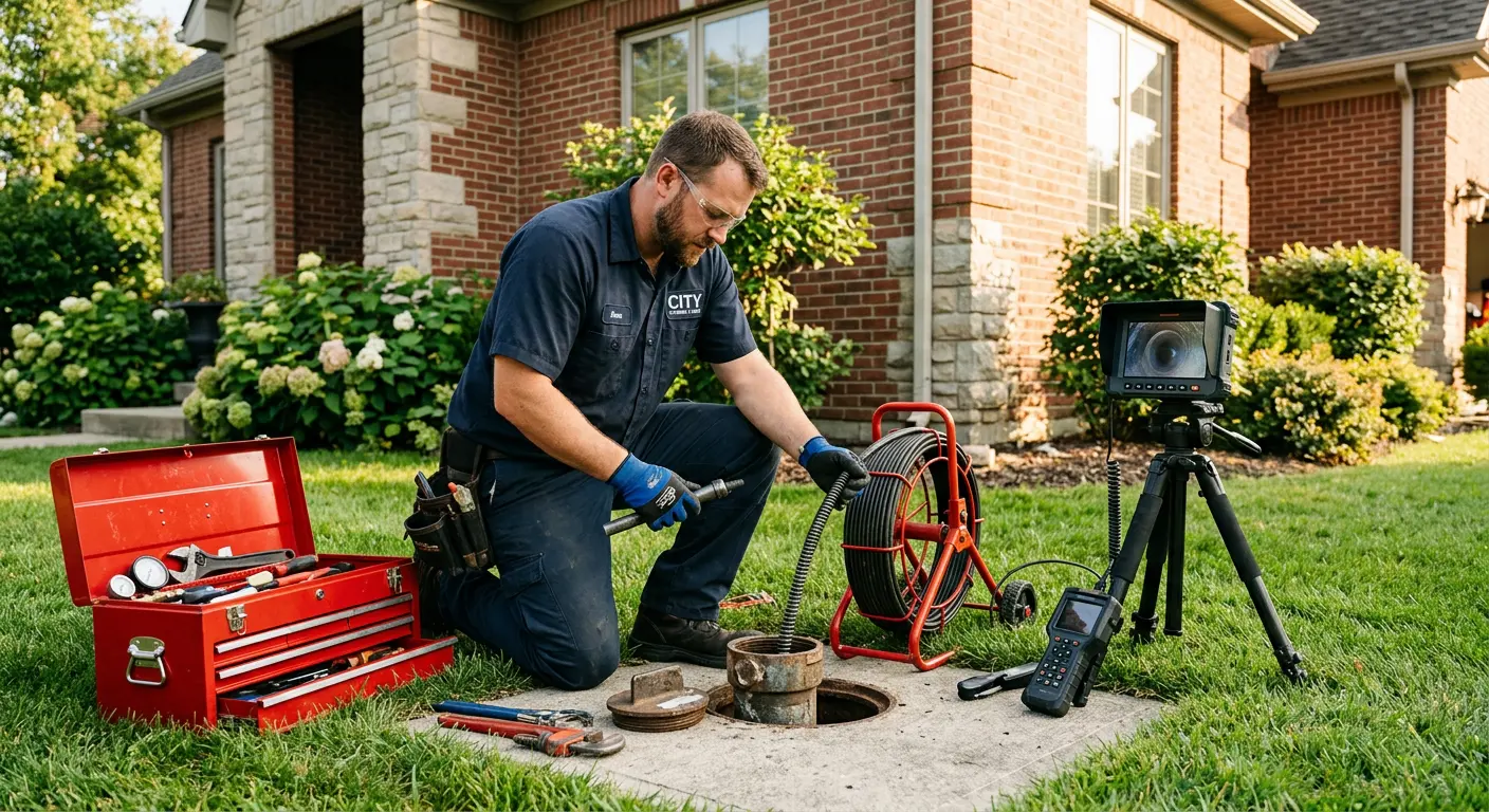 Sewer specialist with camera equipment servicing a cleanout in Pebble Creek
